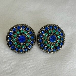 Clip On Rhinestone Earrings Blue Teal Silver Tone Vintage